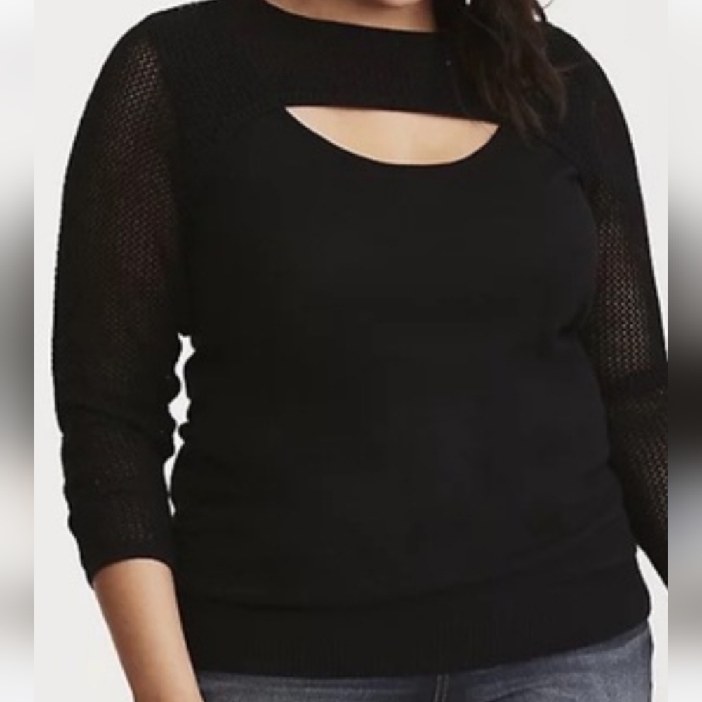 Torrid Black Long Sleeve Mix Stitch Peek Neck Sweater Top Sz 2 18/20 NWT